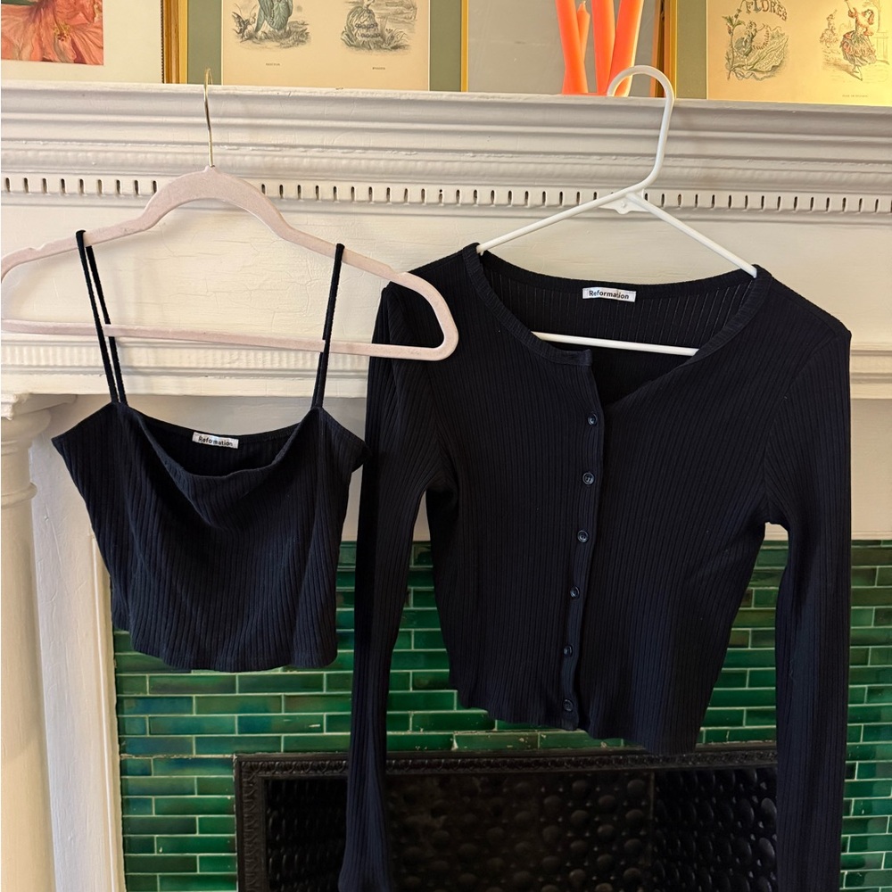 Reformation Black Ribbed Crop Top Set